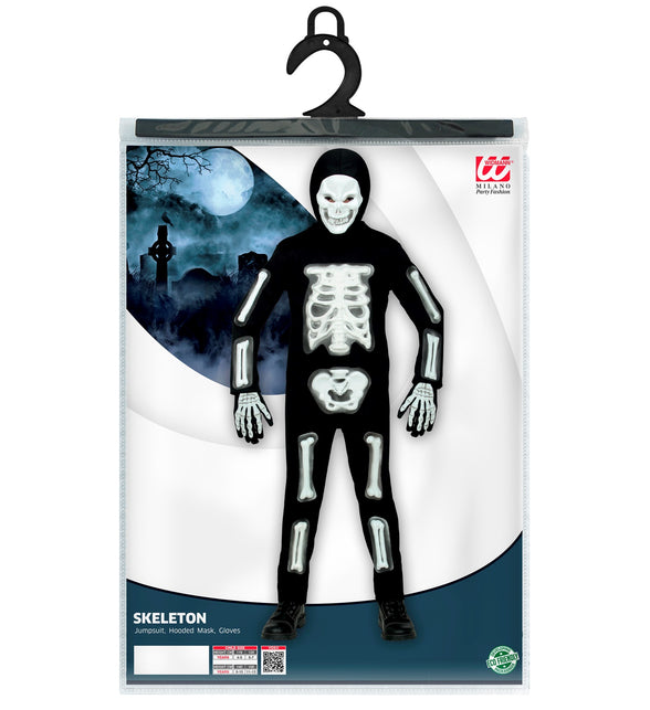 Verpakking van het skelet pak 3D kinderen met jumpsuit, capuchonmasker en handschoenen in kindermaten