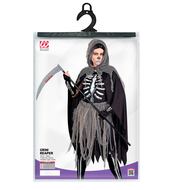 Verpakking Skelety grimreaper kostuum dames met jurk, panty, handschoenen, cape en ketting