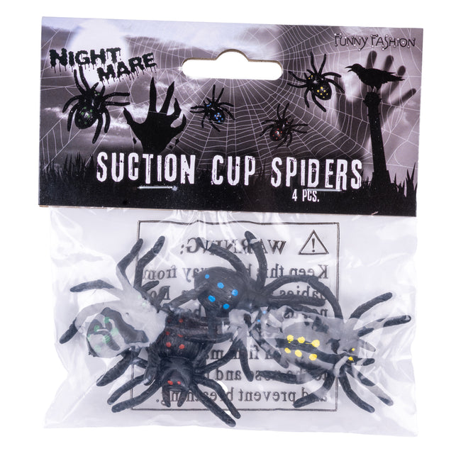 Verpakking van de spinnen set voor Halloween met vier zwarte spinnen met zuignap van Funny Fashion