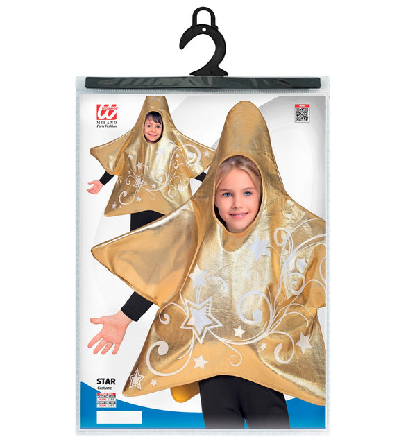 Verpakking van het ster goud kostuum Sem kinderen met maatinformatie 110 en 128 cm