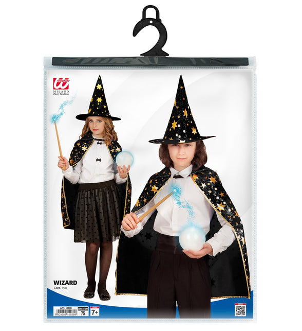 Verpakking Ti-Ta-Tovenaars cape met sterren Kind met cape en hoed, lengte 70 cm