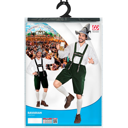 Verpakking Widmann lederhosen groen met maattabel S tot XL