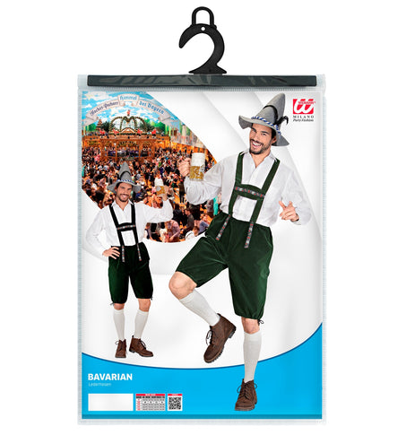 Verpakking Widmann lederhosen groen met maattabel S tot XL