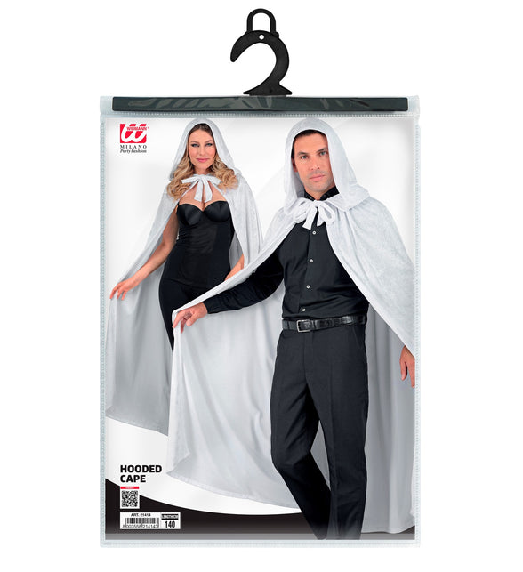 Verpakking van de witte cape met kap van Widmann, lengte 140 cm