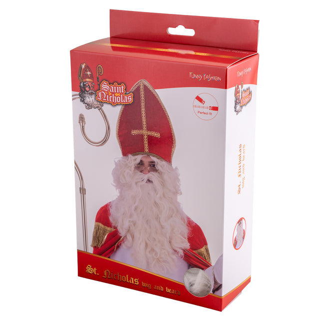 Verpakking van de witte Sinterklaas pruik en baard van Funny Fashion met zicht op het krullende haar