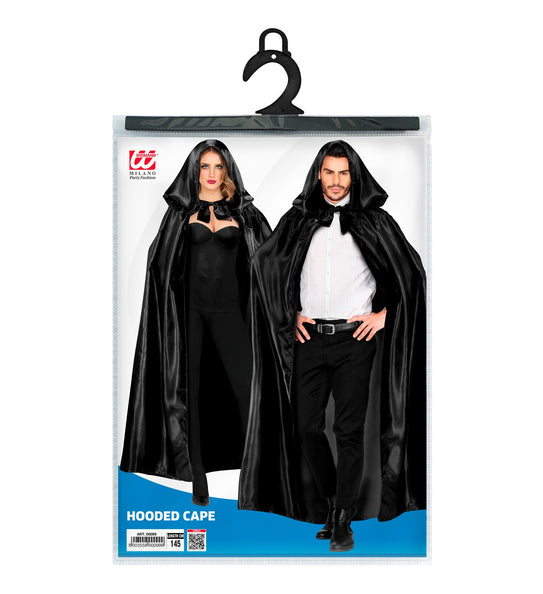 Verpakking van de zwarte cape met capuchon van Widmann met hanger en lengte-aanduiding