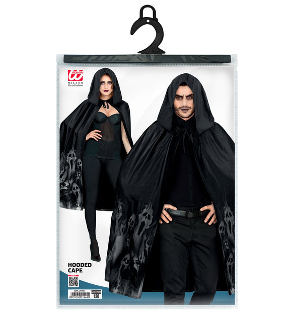 Verpakking van de zwarte cape met capuchon van Widmann, lengte 120 cm