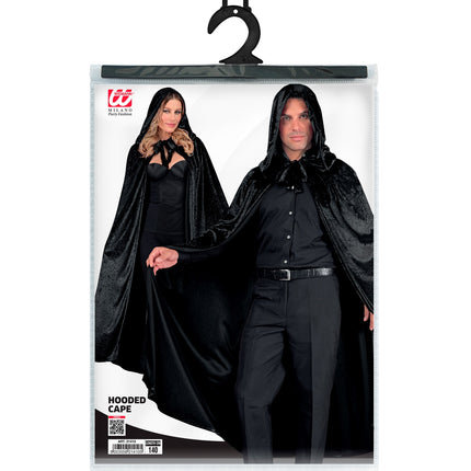 Verpakking van de zwarte fluwelen cape met kap, lengte 140 cm, van Widmann
