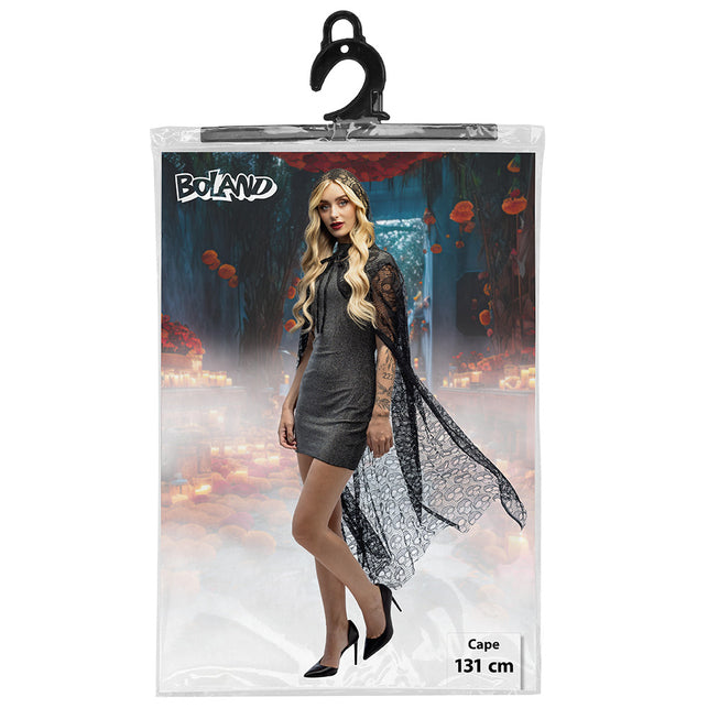 Verpakking van de zwarte kanten cape Midnight fiesta van Boland met vermelding 131 cm