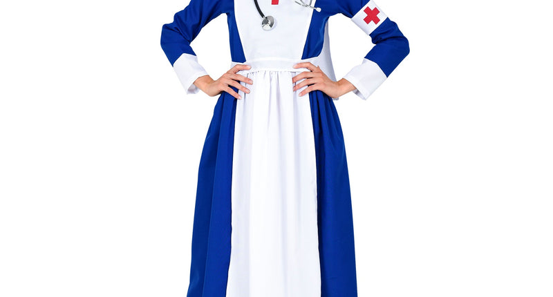 Verpleegster jurk blauw met wit schort, rode kruizen en wit kapje, damespak voor carnaval