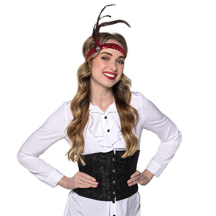 Victoria korset zwart steampunk gedragen over een witte ruchesblouse voor een jaren 20-feest