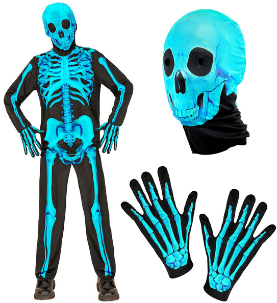 Vierdelig neon skeletkostuum kind met jas, broek, blauw schedelmasker en skelethandschoenen