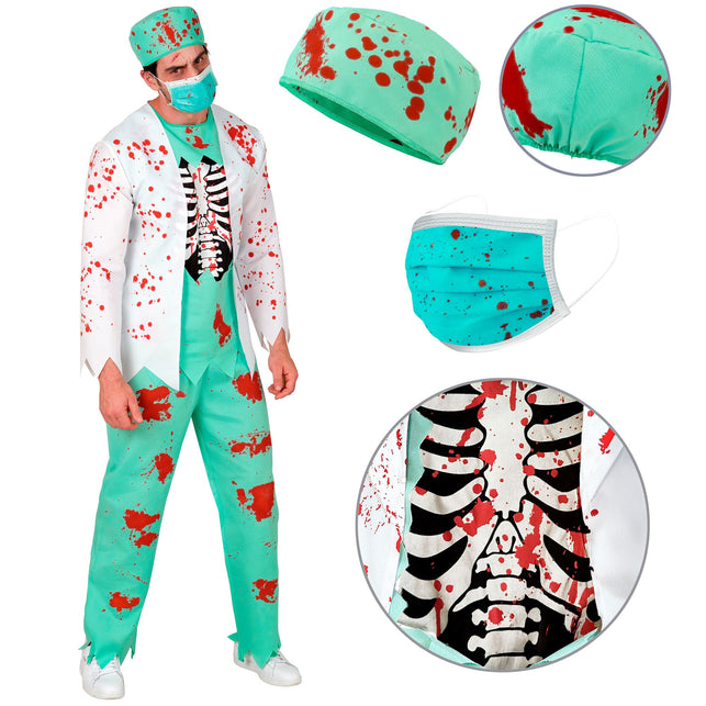 Vierdelig zombie dokter kostuum met operatiekapje, gezichtsmasker en detail van de ribbenkastprint