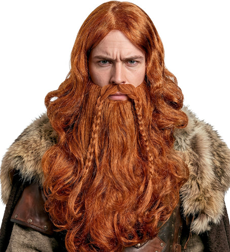 Vikingbaard met dunne vlechtjes en snor, in koperkleurig roodblond polyesterhaar