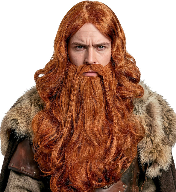 Vikingbaard met dunne vlechtjes en snor, in koperkleurig roodblond polyesterhaar