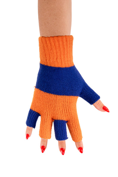 Vingerloze handschoenen oranje blauw met gebreide ribboord en blauwe banen over de handrug, voor Koningsdag