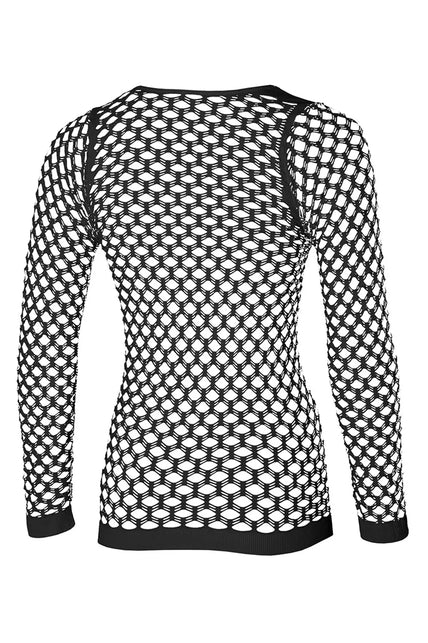 Visnet shirt dames zwart achterzijde met doorlopend netpatroon en geribde zoom