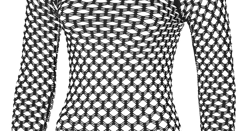 Visnet shirt dames zwart met lange mouwen en grote mazen, geribde hals en zoom