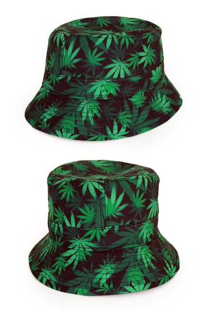 Vissershoedje wietblad in groentinten op zwart, bucket hat van voor en achter, voor een foute party