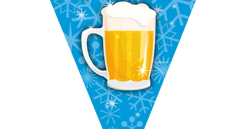 Vlaggenlijn APRÈS-SKI blauw vlaggetje met bierpul en witte sneeuwvlokken voor een wintersportfeest