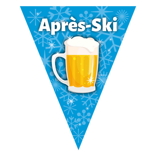 Vlaggenlijn APRÈS-SKI blauw vlaggetje met bierpul en witte sneeuwvlokken voor een wintersportfeest