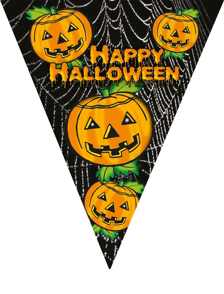 Vlaggenlijn pompoentjes met oranje pompoenkoppen en spinnenwebprint op zwart vlaggetje voor Halloween