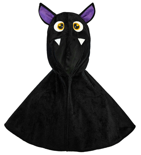 Vleermuis poncho kind zonder model: ronde zwarte cape met vaste kap, puntoren en opgestikte ogen