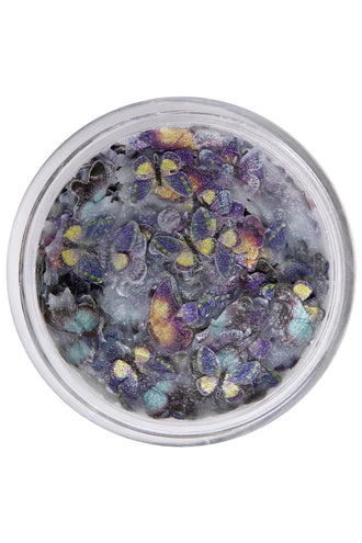Vlinderglitters in wax in doorzichtig potje met paarse, gele en blauwgroene vlindertjes