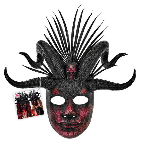 Voodoo masker priester met schedeltje op het voorhoofd en verpakkingslabel