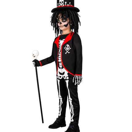 Voodoo Priester kostuum jongens met schedel en gekruiste botten op het jasje en rode revers