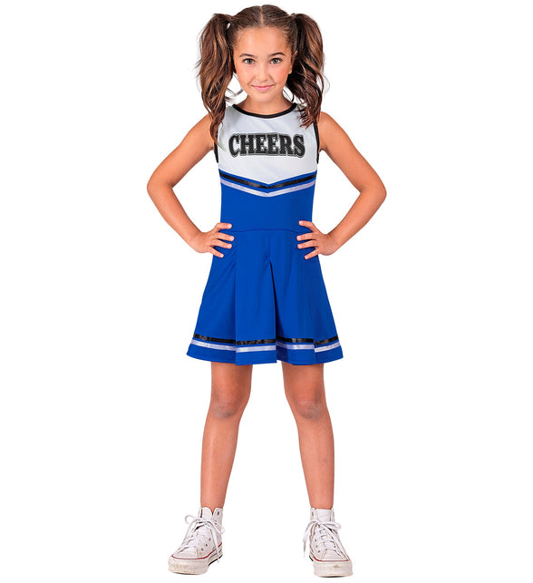 Vooraanzicht blauwe cheerleaderjurk voor meisjes met V-vormig wit bovenstuk en opdruk CHEERS