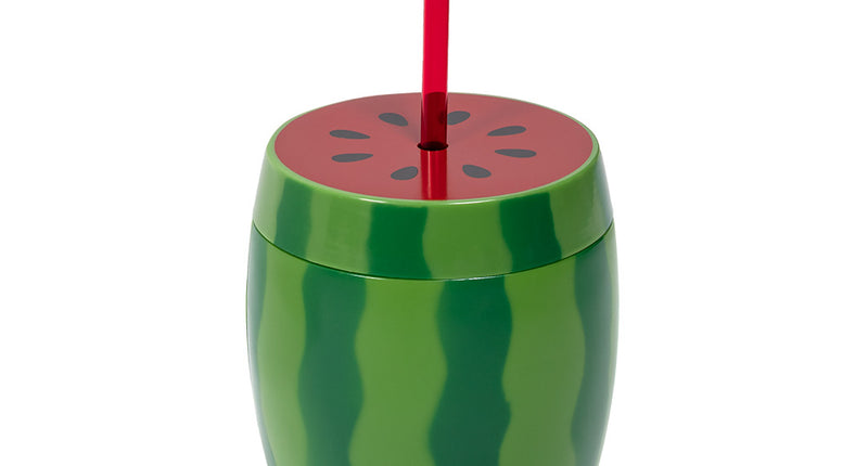 Watermeloen drinkbeker groen met gestreepte schil, rood deksel met pitjes en rood rietje, 90 cl