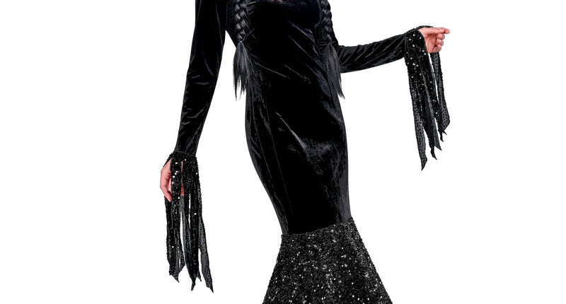 Wednesday glitter zwarte jurk dames, lange fluweelachtige jurk met pailletten rokzoom, voor Halloween