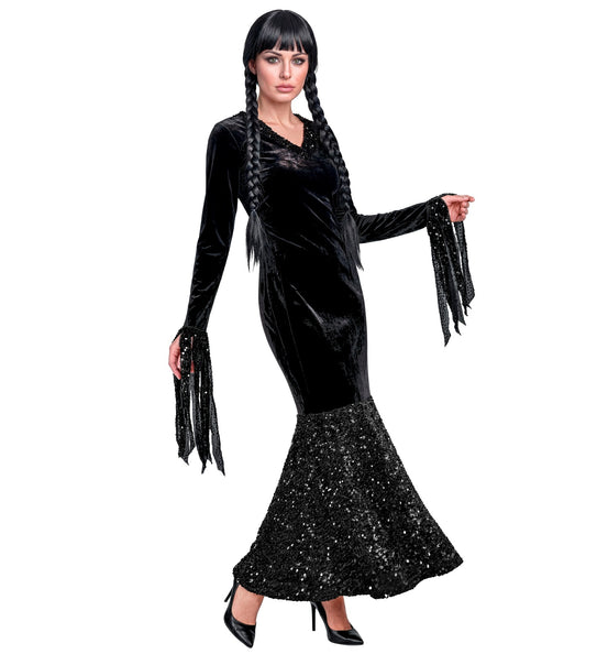 Wednesday glitter zwarte jurk dames, lange fluweelachtige jurk met pailletten rokzoom, voor Halloween