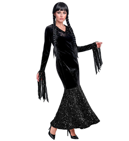 Wednesday glitter zwarte jurk dames, lange fluweelachtige jurk met pailletten rokzoom, voor Halloween
