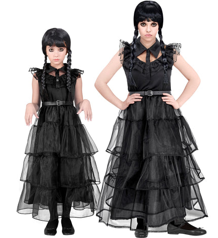 Wednesday jurk in dames- en kindermaat, zwart met gelaagde organzarok en riem, voor Halloween