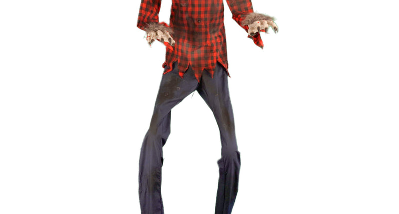 Weerwolf decoratie 200 cm met groen oplichtende ogen, rood geruit hemd en harige klauwen voor Halloween