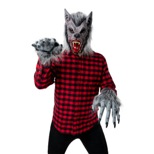 Weerwolfmasker Boris met spitse oren en rode tong, één klauwhand dreigend omhoog geheven