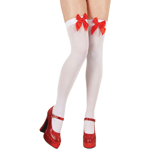 Wicked Costumes Hoge kousen wit met luxe rode strik