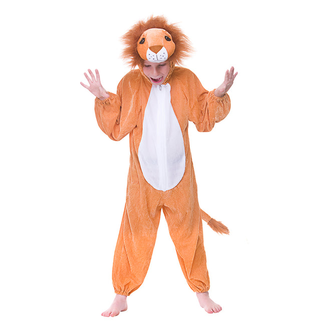 Leeuw pak Simba voor kinderen, bruin pluchepak met witte buik, capuchon met manen en staart