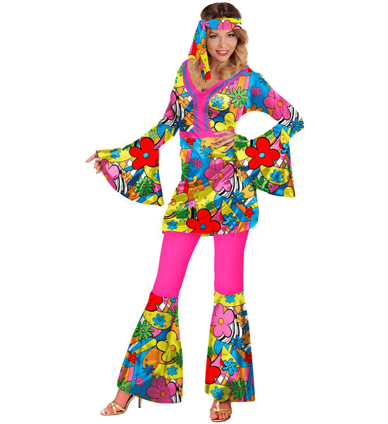 YODITI Hippiekostuum dames set: hippie poncho dames set met jaren 60 en 70 hippie-accessoires carnaval carnavalskostuums dames hippie kleding dames boho flower power kleding vrouw mode disco outfit
