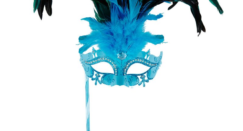 Widmann SRL Azur blauwe oogmasker met veren op stokje