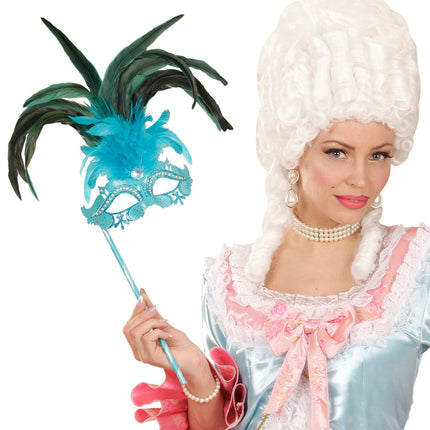 Widmann SRL Azur blauwe oogmasker met veren op stokje