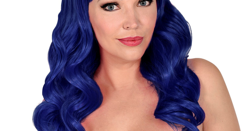 Widmann SRL Blauwe pruik met pony en krullend haar