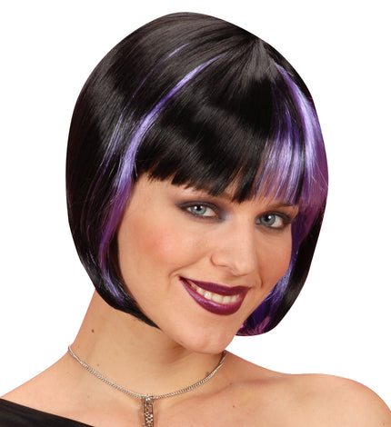 Widmann SRL Bob pruik zwart met paarse highlights
