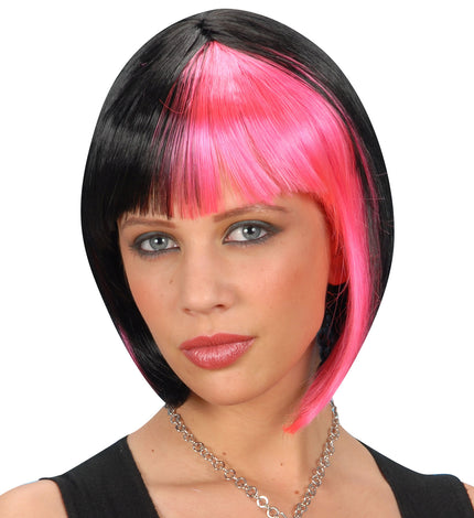 Widmann SRL Bob pruik zwart met roze highlights