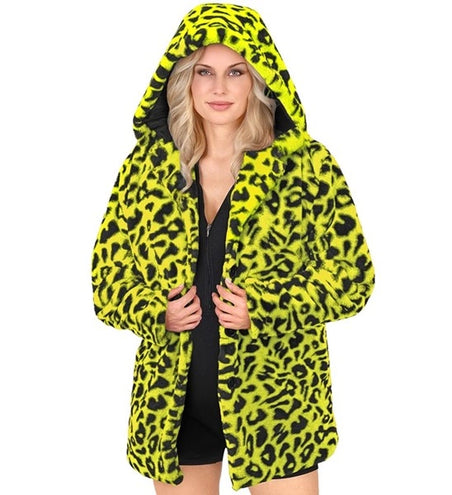 Widmann SRL Bontjas met muts pluche luipaard neon geel Siem