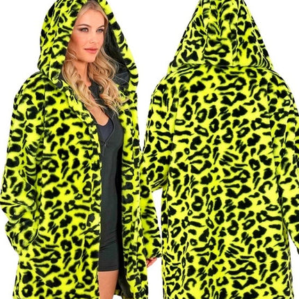 Widmann SRL Bontjas met muts pluche luipaard neon geel Siem