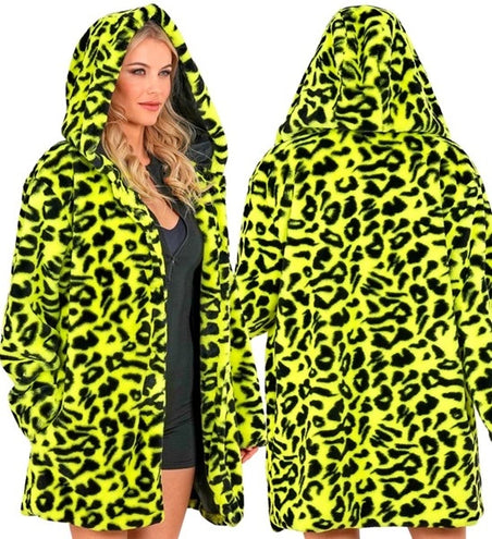 Widmann SRL Bontjas met muts pluche luipaard neon geel Siem