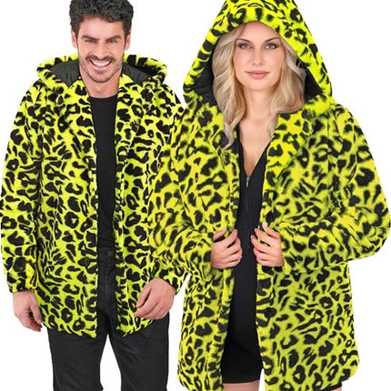 Widmann SRL Bontjas met muts pluche luipaard neon geel Siem